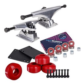 Cal 7 Skateboard Package | Complete Combo Set with 139 Millimeter / 5.25 Inch Aluminum Trucks, 52mm 99A Wheels & Bearings (Silver Truck + Red Wheels)