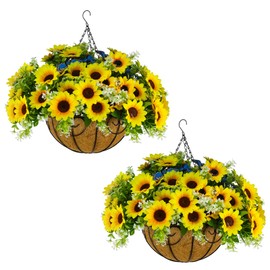 2 Pack Artificial Fake Fall Sunflower Plants Flowers for Outdoor Outside Decoration,12 Bundles Faux Silk Sunflowers UV Resistant Look Real No Fade for Front Door Porch Patio Yard Balcony Autumn Decor