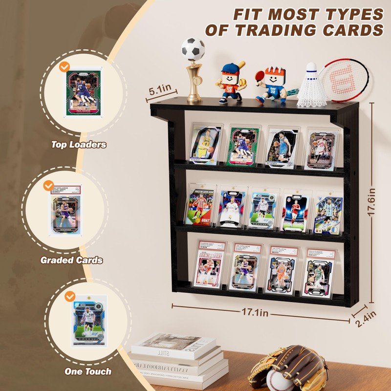Emfogo Trading Card Display Stand for Wall, 3 Tier Wooden