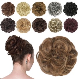 FESHFEN Hairpiece with Elastic Band, Bun Hairpiece Hair Scrunchie with Hair, Curly Hair Bun Synthetic Hair Extension Ponytail Hairpieces for Women Girls, Toffee Mixed, 42 g
