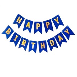 Happy Birthday Banner Blue Navy Gold Bunting Sign for Men Boys Women Girls with Shimmering Gold Foil Letters Party Decorations Backdrop