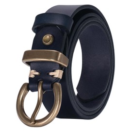 TYWestyles Womens Belt for Jeans Genuine Leather Belt Vintage Solid Brass Circle buckle Gift Box Packaging, Navy Blue, XXS (Fits Waist 27-28)