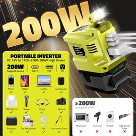 200W Portable Power Inverter for Ryobi 18V,Ecarke Outdoor Generato Battery Converter with 2 USB&LED&AC Battery Powered Outlet,Convert DC 18V/20V to AC 110V-120V Portable Power Station(Tool Only)