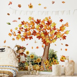 MIrabuy Large Fall Harvest Wall Decals, Autumn Tree with Sunflowers Scarecrow Pumpkin Wall Stickers for Living Room Bedroom Thanksgiving Wall Decor, 61x43 inches