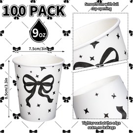 Whaline 100 Pcs Black Bow Paper Cups Coquette Bowknot Disposable Cups 9 oz Party Drinkware for Hot Cold Drinks Birthday Baby Shower Bachelorette Table Supplies