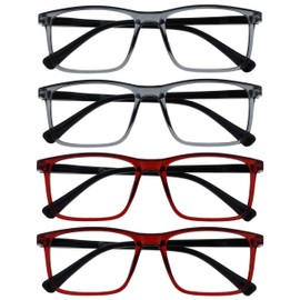 OPULIZE Ink Reading Glasses 4 Pack Large Rectangular Frame Transparent Grey Dark Red Spring Hinges Scratch Resistant Mens Womens RRRR4-77ZZ +1.50