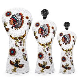 Golf Club Head Cover for Drivers, Fairway Woods, Hybrids, and Mallet Putter Cover Funny Style Premium Leather Elegant Embroidery Golf Headcover Set with Interchangeable No. Tags (DR+FW+UT(3pcs))