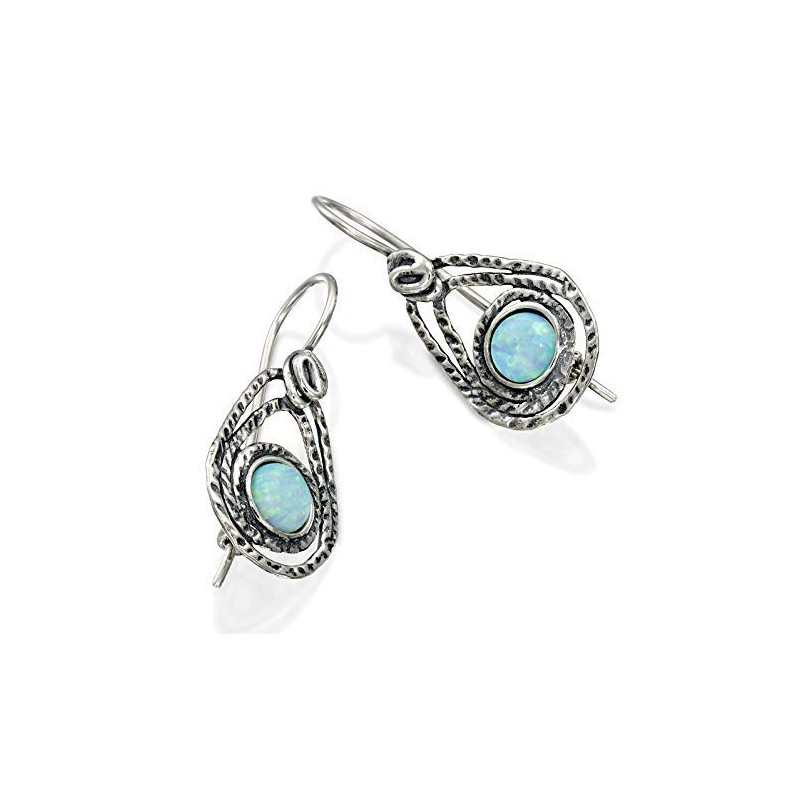 Teardrop Shaped 925 Sterling Silver Created White Opal Earrings with