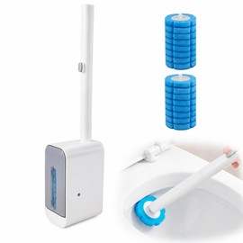 Scopino WC con 16 Testine di Ricambio in Spugna, Scopettino per Toilette con Supporto da Parete senza Forare, Accessorio per la Pulizia del Bagno, Casa e Hotel
