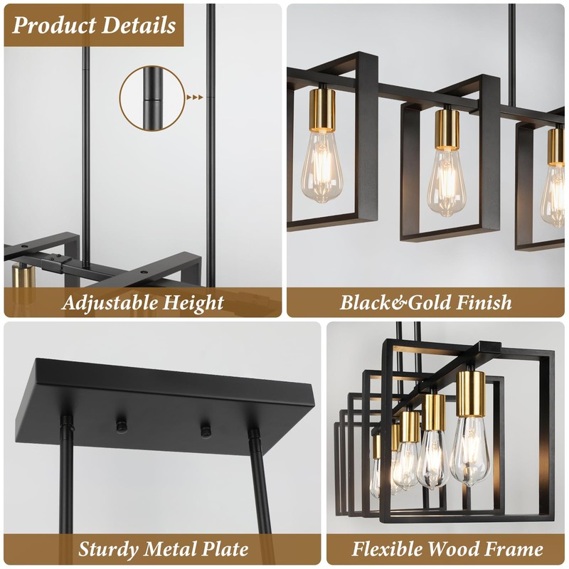 5-Light Black Gold Dining Room Light Fixture, 53’’ Farmhouse Wood