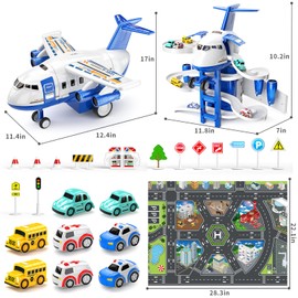 TEMI Kids Aeroplane Toys Race Track Car Toys for 3 4 5 6 7 Boys - Transformed Plane Garage Adventure Toys with 8 City Cars for Toddler Age 2-6, Parking Lot Playmat, Gift for Children