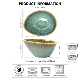 Henten Home Ceramic Soup Bowls, Angled Salad Bowls Set of 4, 20 OZ Porcelain Cereal Bowls, Oatmeal Bowl Set for Kitchen, Serving Stoneware Bowls Set, Reactive Glaze (Green)