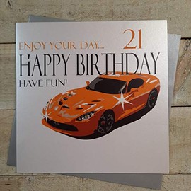 WHITE COTTON CARDS Enjoy Your Dayâ¦21 Happy Fun Hanmade Large 21st Birthday Card (Orange, Sports Car)