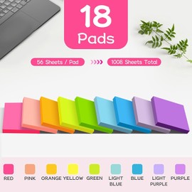 18 Pads Sticky Notes 76 mm x 76 mm Sticky Notes for Writing on Easy to Write On Re-Stickable Super Sticky Notes for School, Home, Office