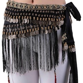 Wuchieal Belly Dance Hip Scarf Belly Dancer Tribe Style Belt Tassel Hip Scarf Velvet Waist Costume, black