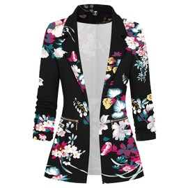 Genhoo Womens Casual Office Blazers Floral Cardigans Jacket Work Suit Blazer with Zipper Pockets Black L