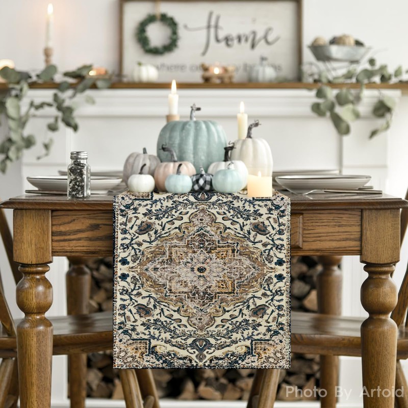 Artoid Mode Boho Bohemia Style Dark Blue Table Runner, Rustic