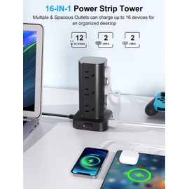 Power Strip Tower with Multiple Outlets, Flat Plug Surge Protector Tower Extension Cord with 12 AC Outlets 4 USB Ports (2 USB C), 6FT Cord Power Tower Surge Protector for Home Office Dorm Room, Black