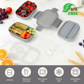 VINATO Bento Box 1900 ml Adult Lunch Box with Cutlery for Office, School and On the Go as a Lunch Box with Compartments in 3 Levels, BPA-Free, Grey