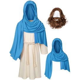 Irtysh Kids Jesus Saint Religious Biblical Robe Fancy Dress Costume Wig Moustache Scarf Shawl Waist Rope set(Blue 3-4 Years)
