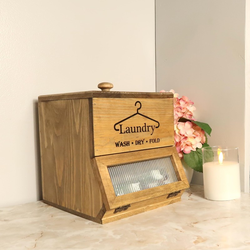 Besuerte Laundry Pod Holder - 2 Tiered Rustic Wooden Dispenser,