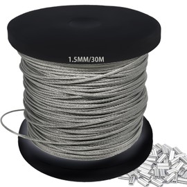 1.5mm 304 Wire Rope Stainless Steel Wire Cable 30m Length 7x7 Cross Section 180kg Breaking Load stainless steel cable with 30 Pcs Aluminum Crimping Clamps Loop Sleeve