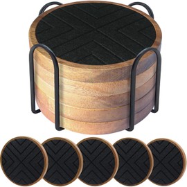 EDEGG Coasters for Drinks Absorbent 5 Pack, Coasters for Coffee Table with Holder, Wood Coasters with Felt Pads, Non-Slip, Non-Stick, Suit for Kinds of Cups 4.3 inch (Black Series)