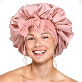 Gorro de Seda para Dormir，capó ajustable de satén，Banda Elástica Ancha，Gorro de Noche para Cabello Rizado,Ideal para Dormir,Ducha y Belleza (Rosa clar