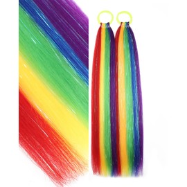 Colored Hair Extensions Rainbow Ponytail Extension 2 Packs, 20 inch Crazy Hair Day Accessories for Women, DIY Festival Wacky Rave Braids,Tinsel Mixed
