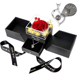 Preserved Red Real Rose-Eternal Flowers Rose Gifts for Mom Grandma Wife Girlfriend on Mothers Day Birthday Valentines Christmas Anniversary Romantic Gifts for Her with I Love You Necklace