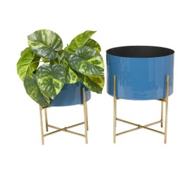 Deco 79 Modern Metal Round Planter, Set of 2 15", 12"H, Blue