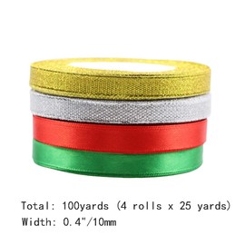 Sofecto 4 Rolls 100 Yards Christmas Ribbons, 2 Rolls Satin Ribbon and 2 Rolls Glitter Metallic Ribbon, 10mm Wide Festival Ribbon for Gift Wrapping Decoration DIY Crafts(Red, Green, Gold, Silver)