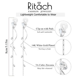 Gold/Silver Clip on Earrings Non Pierced for Women - 14K Gold Plated Long Tasse Drop Dangle Clip Earrings - Cubic Zirconia Leaf Earrings for Women Gold Wedding Jewelry Gifts S1