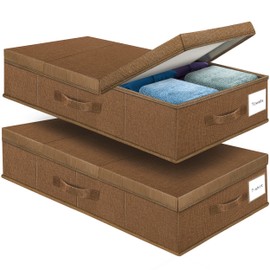 Supowin Underbed Storage Containers Bin with Lids (2pcs) Large Under Bed Storage Organizer Box with Handle, Foldable Under the Storage Bags for Organizing Clothes, Shoes, Blankets, Pillows-Dark brown