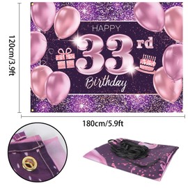 PAKBOOM Happy 33rd Birthday Banner Backdrop - 33 Birthday Party Decoration Supplies for Women - Pink Purple Gold 4 x 6ft