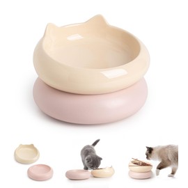 Ceramic Raised Cat Bowl, 2 in 1 Elevated Cat Food and Water Bowl Set for Indoor Cats, Whisker Friendly Cute Kitten Food Bowl for Protecting Pet's Spine, 2 Pack (Yellow+Morandi Pink)