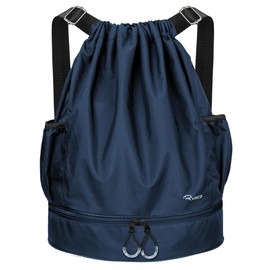 RYACO Drawstring Backpack Sports Gym Bag, Water Resistant String Sackpack Large Size with Zipper and Water Bottle Mesh Pockets for Gym Shopping Sport Yoga School Swimming Beach