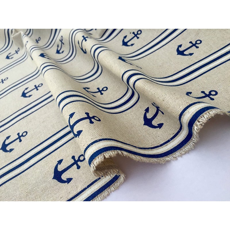 Marine Anchor Stripe Print Fabric - Curtain Upholstery Material -