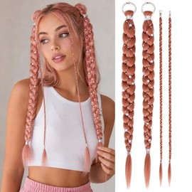 Pink Boho braiding hair Ponytail Extension With Pearl Beads,Free Style Pony Tails Hair Extensions With Metal Ring,Hand-Braided Hair Accessory Braided 