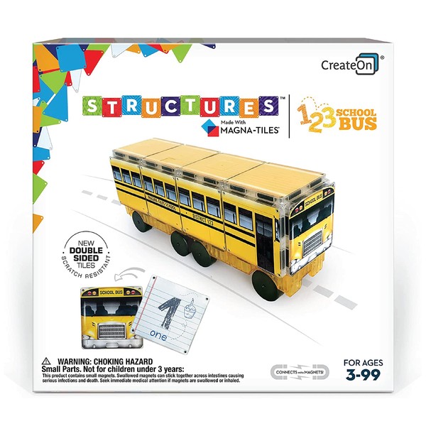 CreateOn Magna-Tiles Structure-Building Set for Kids, 123 School Bus Magnet Tiles, Magnetic Kids’ Building Toys, STEM Toys for Boys and Girls Ages 3+, 16 Pieces