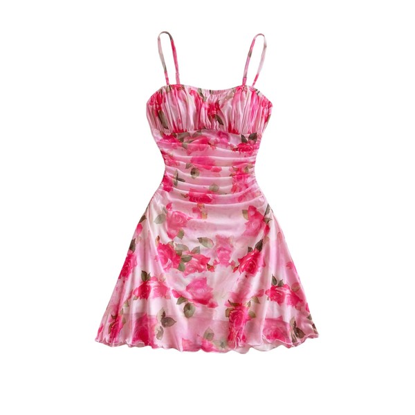 WDIRARA Women's Floral Print Ruched Cami Dress Spaghetti Strap Ruffle