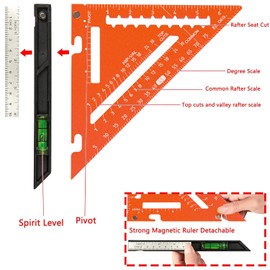 Beslands 7 inch Rafter Square with Level, Aluminum Metal Triangle Ruler Carpenter Square Woodworking Layout Tool Aluminum Triangle Tool Stainless Steel Ruler (Orange)