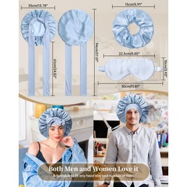 100% Mulberry Silk Bonnet for Sleeping Women Silk Hair Bonnet Elastic Tie Band with Silk Hair Scrunchies Silk Sleep Eye Mask(Mist Blue+Sky Blue)