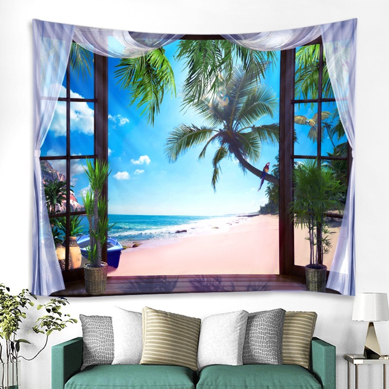 Window Beach Landscape Pattern Tapestry Wall Hanging for Living Room