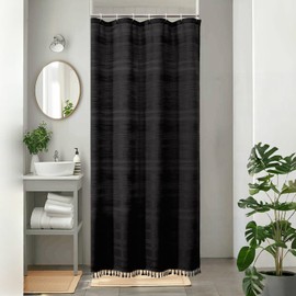 OVZME Black Boho Stall Shower Curtain, Narrow Soft Fabric Striped Linen Textured Bathroom Shower Curtain with Tassel, Modern Farmhouse Weighted Bath Decor, Machine Washable, Black, 36Wx72L Inches