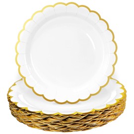 HEIPINIUYE 50 Pieces White Paper Plates with Gold Foil 7 Inch White Scalloped Plates Disposable Dinner Plates for Wedding Baby Shower Birthday Party Dessert Plates