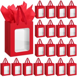 Zhanmai 36 Pcs Kraft Clear Gift Bags with Tissue Paper, Paper Gift Bags with Transparent Window with Handles for Business, Shopping, Wedding, Baby Shower, Party Favors (Wine Red)