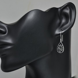 925 Sterling Silver Lotus Flower Blossom Teardrop Dangle Hook Earrings