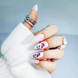 Nailsculpt Press On Nails - Almond White Base Fake Nails with Brown Leaf Design and Glaze Finish | Salon Quality | 24 Nail Kit -12 Sizes with 48 Jelly tabs| Reusable Durable Easy-Removal False Nails