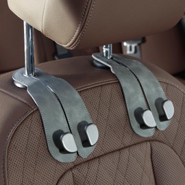 CoBak Purse Hook for Car - Universal Premium Stitched Leather and Aluminum-Magnesium Alloy Double Car Seat Back Storage Hook for Purses, Handbags, Bags (2 Pack),Gray